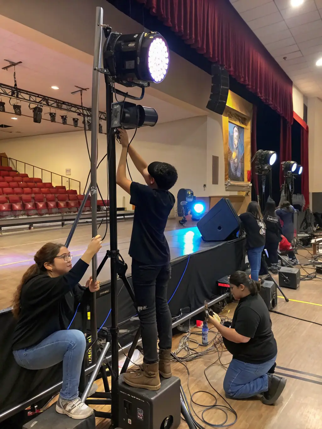 A behind-the-scenes shot of students learning about stage lighting and sound equipment, highlighting MTM's commitment to technical education.