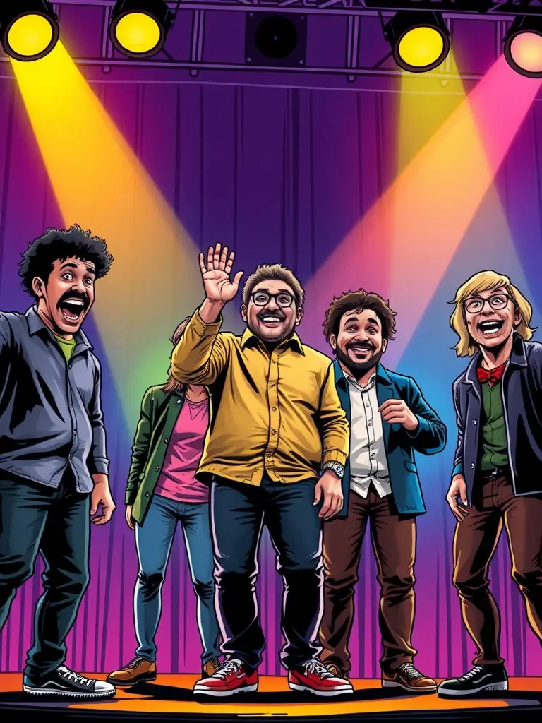 A diverse group of actors engaged in an improvisational exercise on stage, showcasing the dynamic energy of MTM's actor training program.