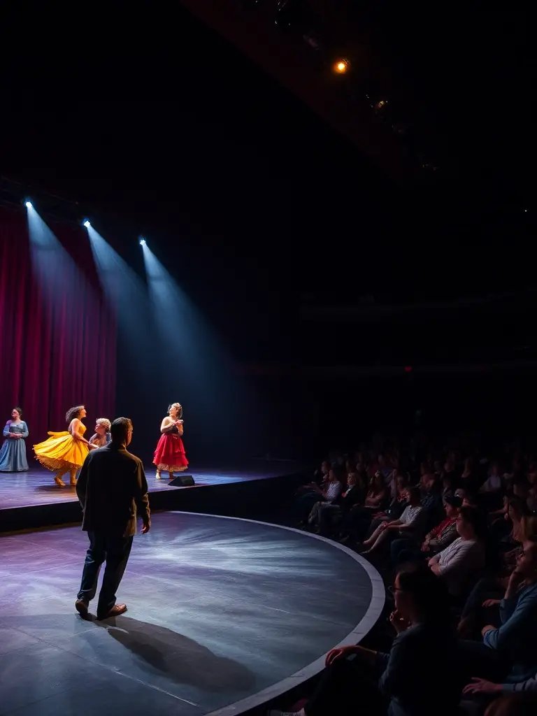 A vibrant stage scene with actors in colorful costumes performing a play, showcasing the energy and creativity of MTM's theatrical productions. The image should convey excitement and invite viewers to attend upcoming performances.