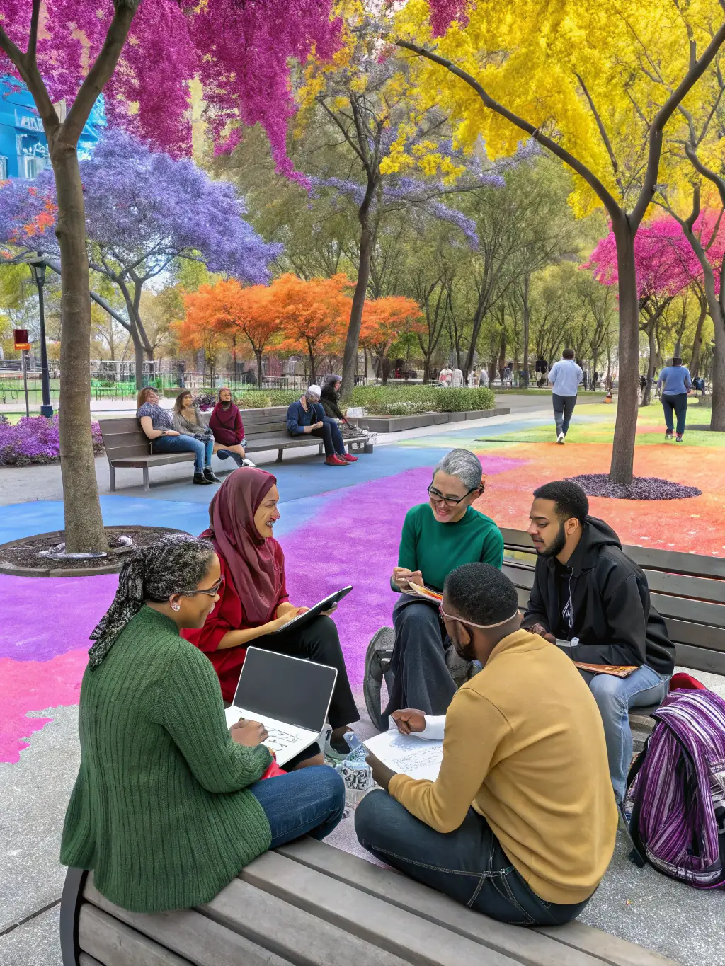 A diverse group of community members participating in a theatre-related activity, such as a storytelling session or a collaborative art project. The image should emphasize MTM's commitment to community engagement and cultural participation.