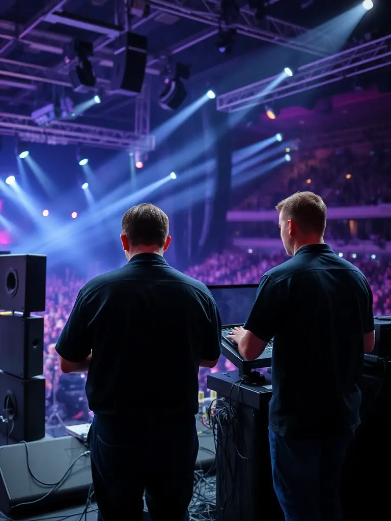 A behind-the-scenes look at a technical education session, with participants learning about stage lighting, sound design, or set construction. The image should showcase the technical aspects of theatre production and MTM's educational offerings.